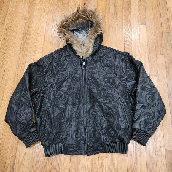 Sally & John New York Mens 4XL Hooded Leather Bomber Jacket Black Streetwear - Picture 2 of 16